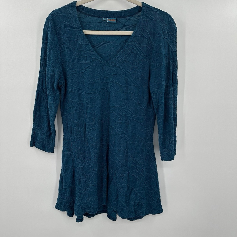 Tianello Womens XS Blue Textured Jacquard V-Neck Lagenlook Tunic Top Fit Flare‎